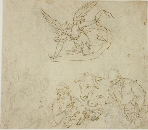 Nativity (recto); Virgin and Child, Angel (verso) by Filippo Bellini, drawing, 1570-1603