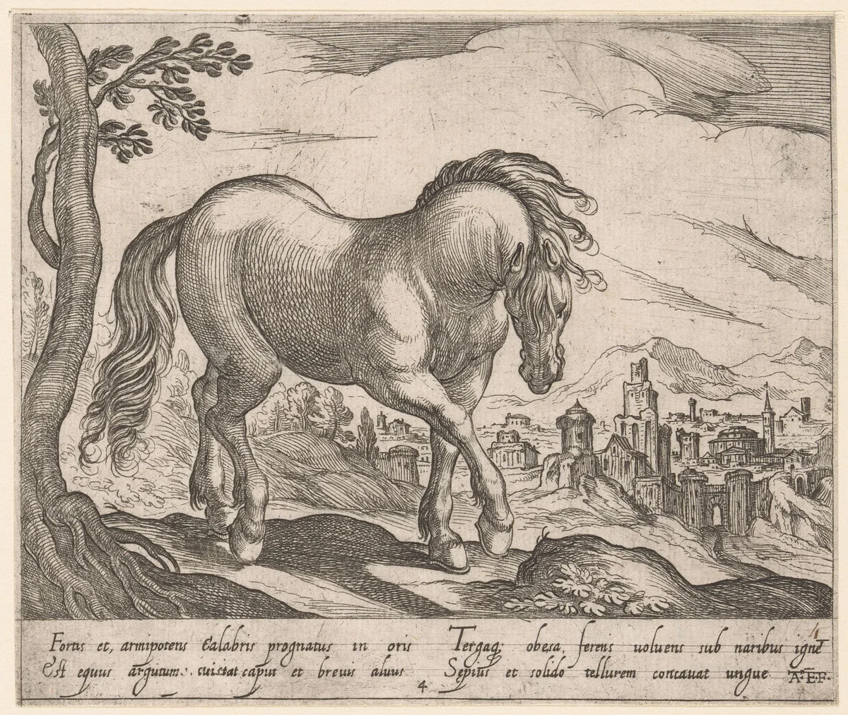 Staand paard naar rechts gewend, met hoofd naar beneden naar toeschouwer by Unknown, print, 1590