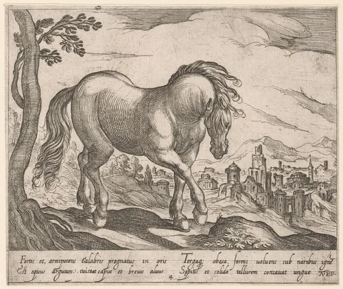 Staand paard naar rechts gewend, met hoofd naar beneden naar toeschouwer by Unknown, print, 1590