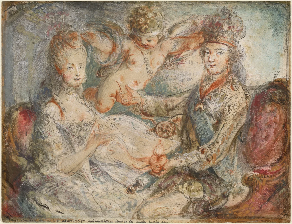 Louis XVI and Marie-Antoinette Crowned by Love by Gabriel de Saint-Aubin, drawing, 1775