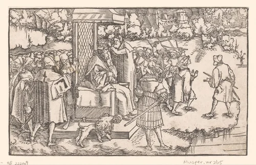 Koning wordt buiten op een veld gekroond terwijl een menigte een jonge raadsman aanvalt by anonymous, print, 1532