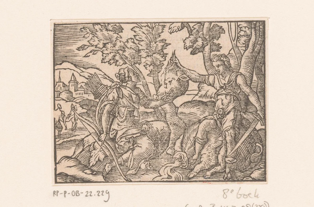 Meleager biedt Atalanta de kop van het zwijn aan by anonymous, print, 1524-1612