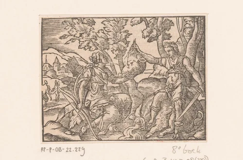 Meleager biedt Atalanta de kop van het zwijn aan by anonymous, print, 1524-1612