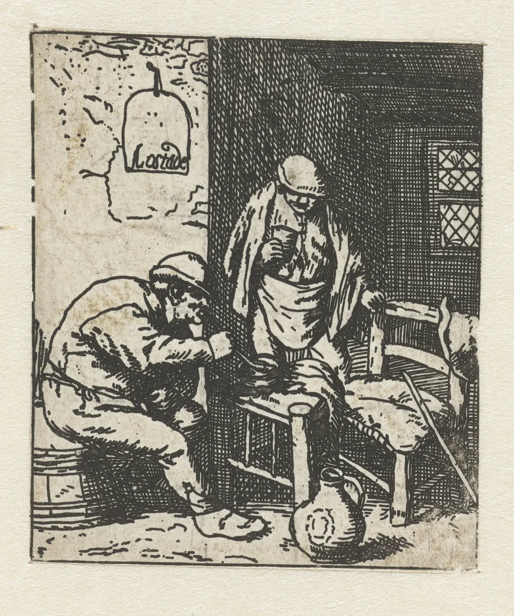 Interieur van een herberg met man die pijp aansteekt en man met glas in zijn hand by anonymous, print, 1671-1745