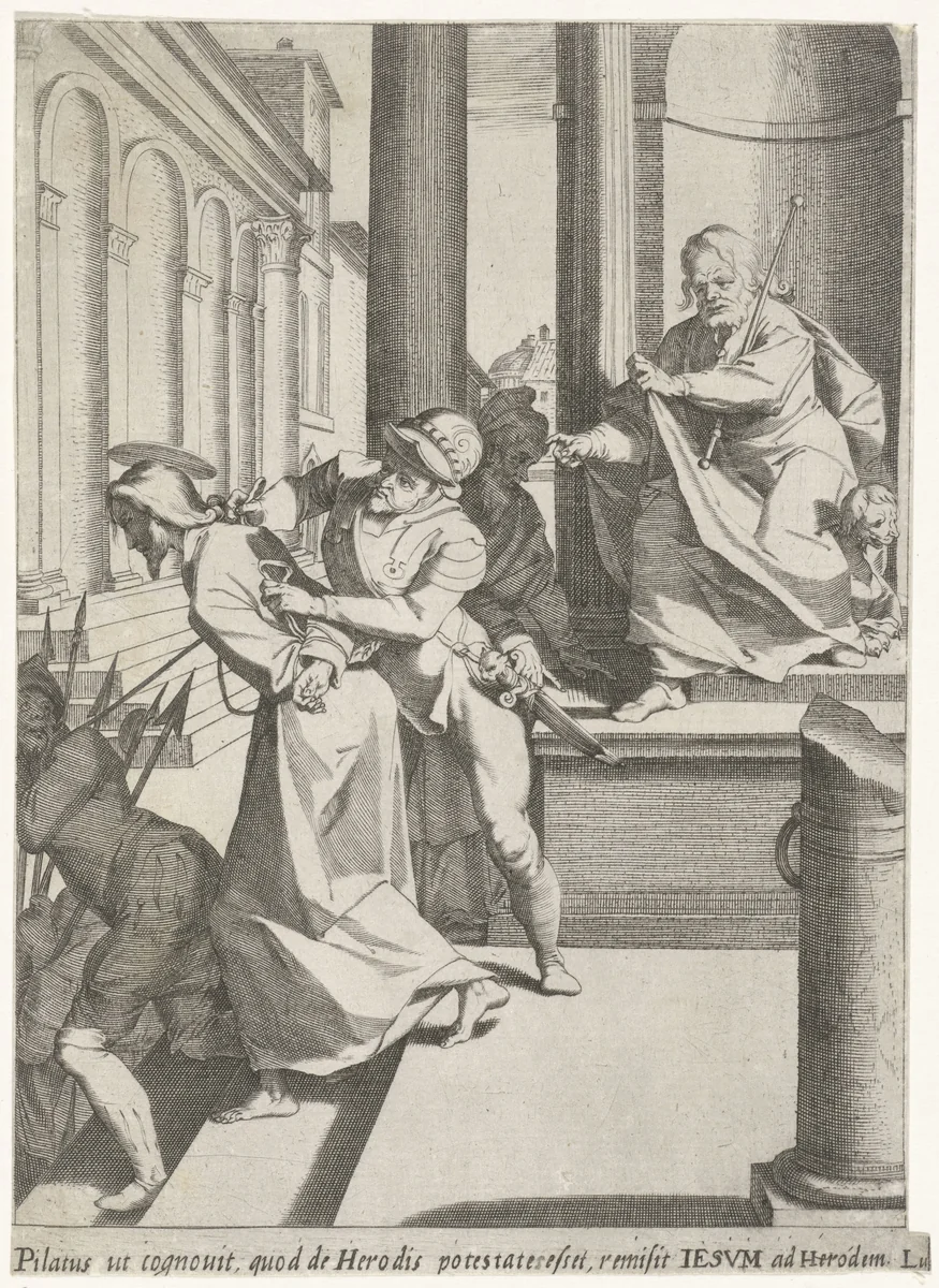 Christus wordt door Pilatus naar Herodes gestuurd by Pieter de Jode, print, 1590-1632