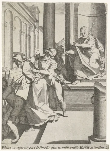 Christus wordt door Pilatus naar Herodes gestuurd by Pieter de Jode, print, 1590-1632