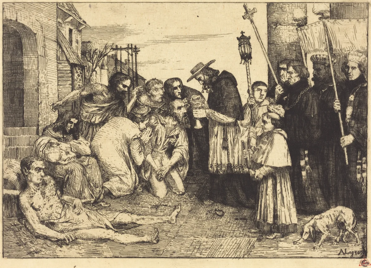 Plague Victims of Rome (Les pestiferes de Rome) by Alphonse Legros, print, 1837-1911