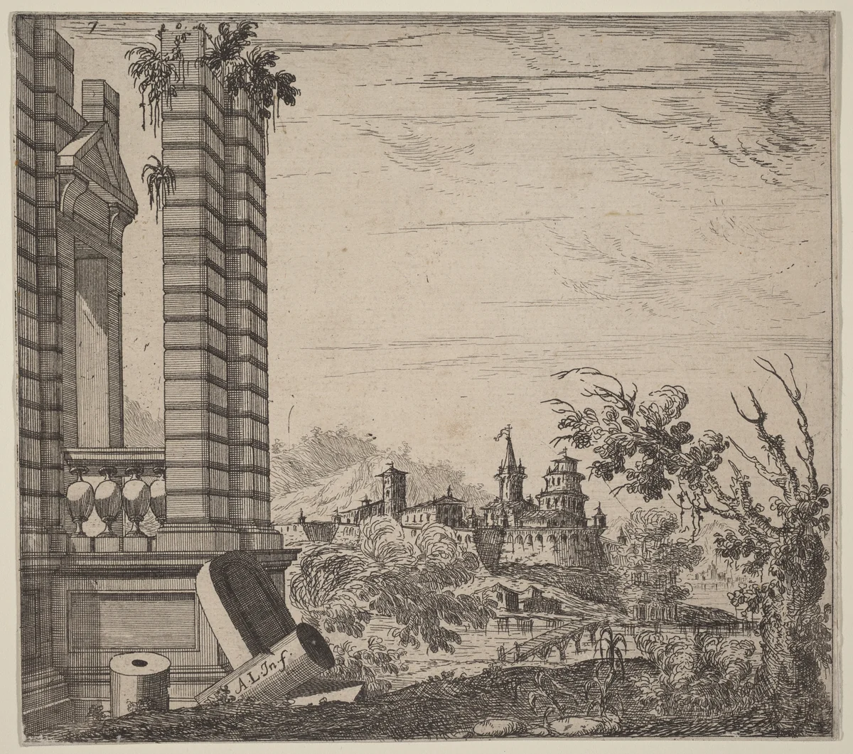Landscape with Ruins by Antonio Francesco Lucini, print, 1610-1700