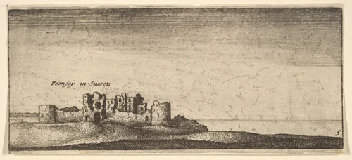 Pevensey Castle, from "English Views" by Wenceslaus Hollar, print, 1652-1677