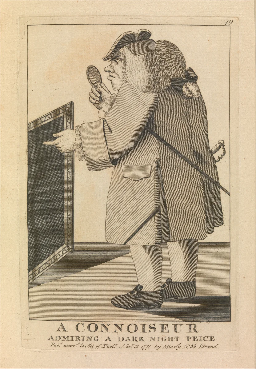 A Connoisseur Admiring a Dark Night Piece by Matthias Darly, print, 1771