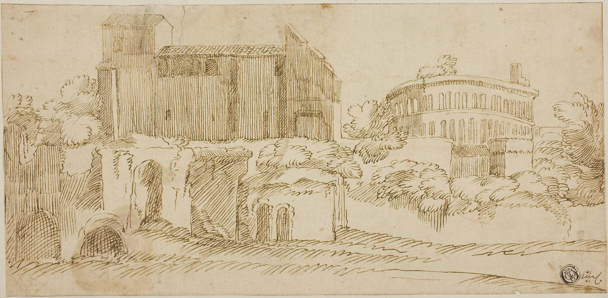 View of Church and Ruins by Giovanni Francesco Grimaldi, drawing, 1626-1799
