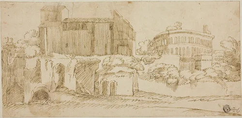 View of Church and Ruins by Giovanni Francesco Grimaldi, drawing, 1626-1799
