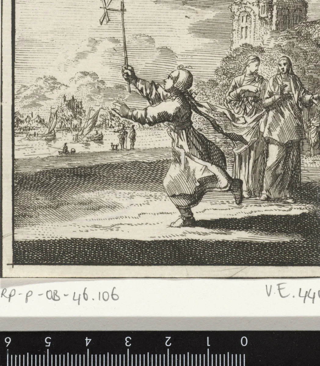Kind spelend met een windmolentje by Jan Luyken, print, 1712