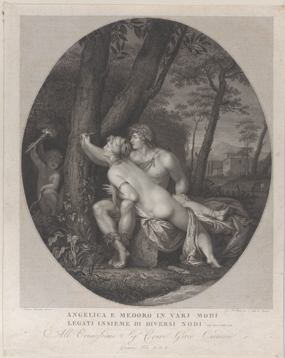 Angelica lying across the lap of Medoro and writes their names on a tree trunk by Giovanni Folo, print, 1784-1836