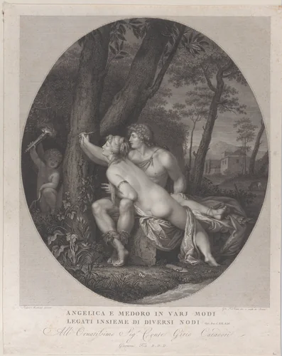 Angelica lying across the lap of Medoro and writes their names on a tree trunk by Giovanni Folo, print, 1784-1836