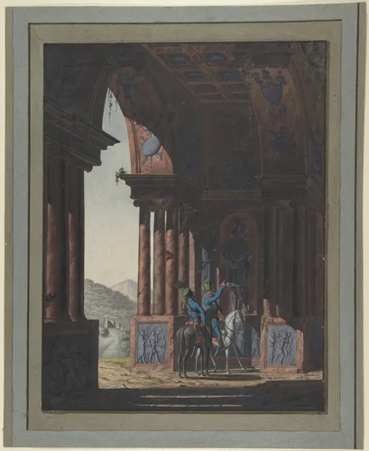 Two Mounted Soldiers in Classical Ruins, for a poem by Cremes by Franz von Hauslab, drawing, 1812-1883