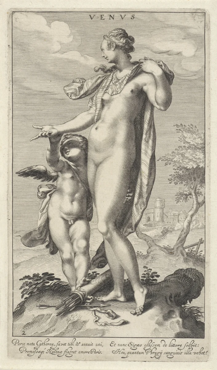 Venus en Cupido by Willem Isaacsz. van Swanenburg, print, 1595-1612