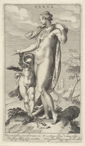 Venus en Cupido by Willem Isaacsz. van Swanenburg, print, 1595-1612