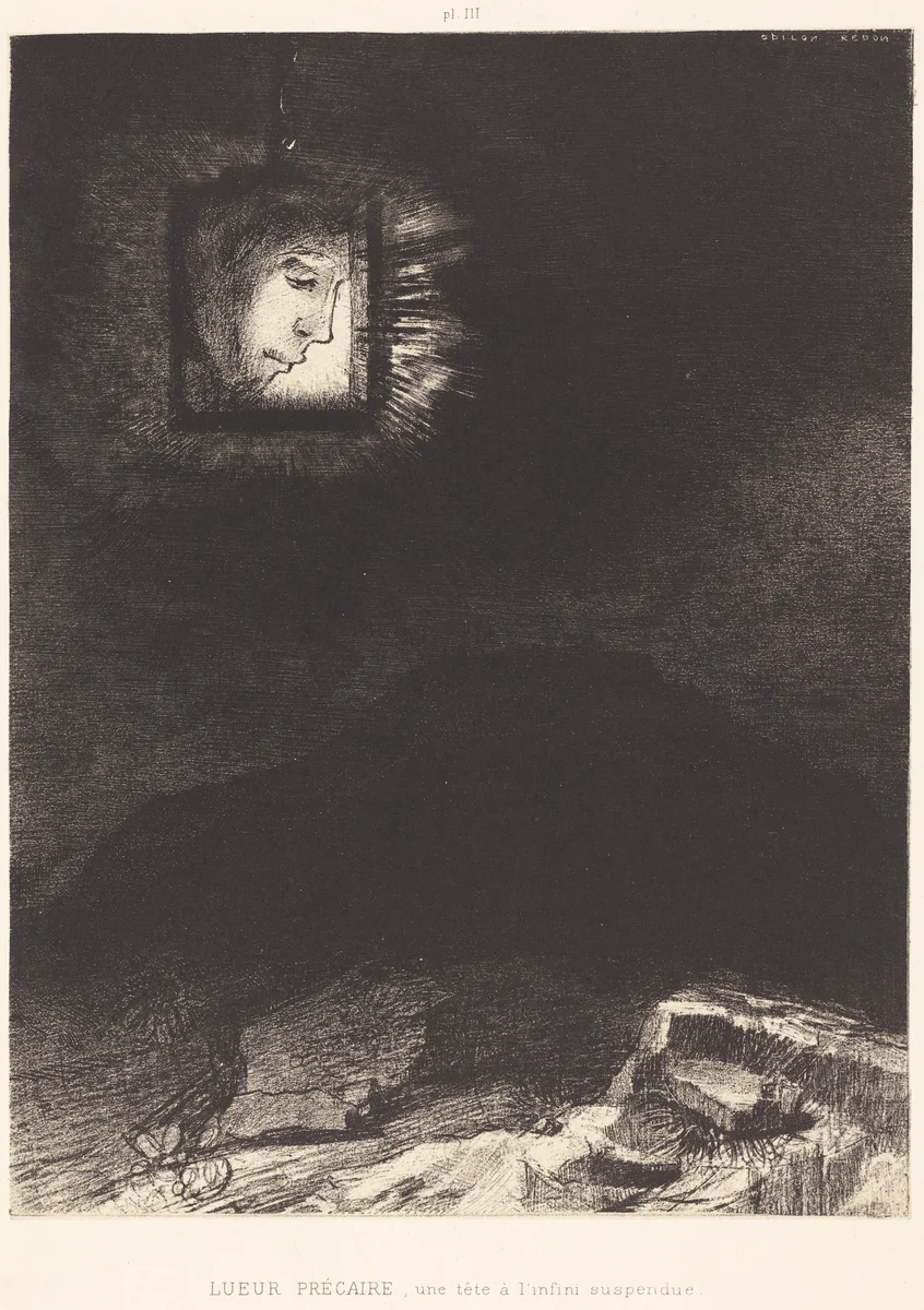 Lueur precaire, une tete a l'infini suspendue(Precarious glimmering, a head suspended by Odilon Redon, print, 1891