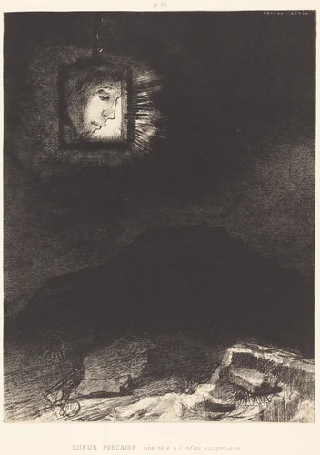 Lueur precaire, une tete a l'infini suspendue(Precarious glimmering, a head suspended by Odilon Redon, print, 1891