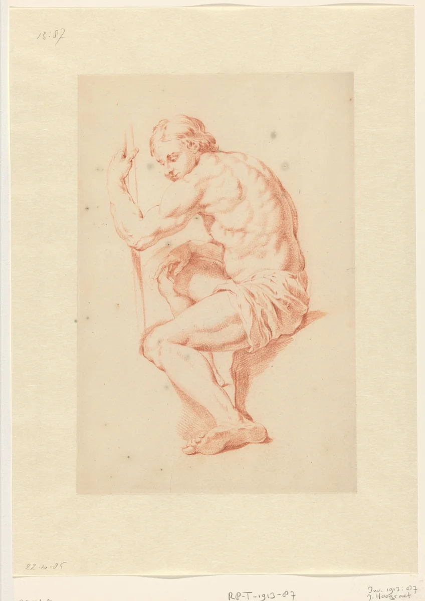 Zittend mannelijk naakt met een stok in de hand by Jan Hoogsaat, drawing, 1664-1730