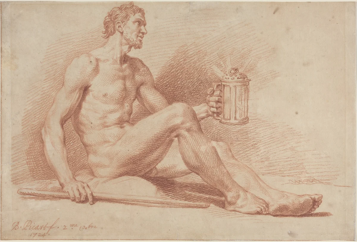 Male Nude with a Lamp (Diogenes) by Bernard Picart, drawing, 1724