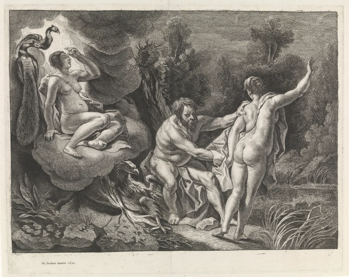 Jupiter vergrijpt zich aan een vrouw terwijl Juno toekijkt by anonymous, print, 1652-1702