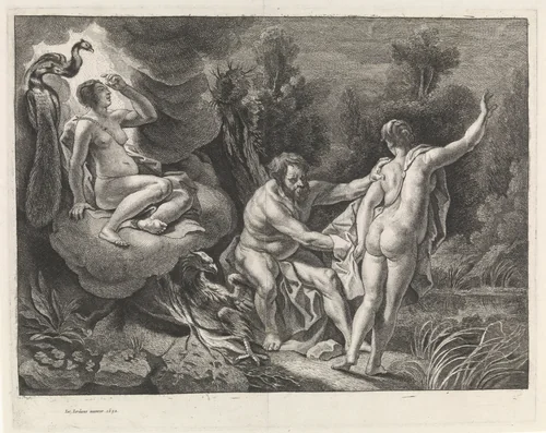 Jupiter vergrijpt zich aan een vrouw terwijl Juno toekijkt by anonymous, print, 1652-1702