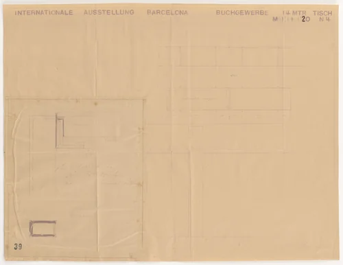 Barcelona Exhibition, German Section, Book-printing trade palace, Barcelona, Spain (Elevation, plan, and sections. Display table.) by Lilly Reich, mies van der rohe archive, 1929