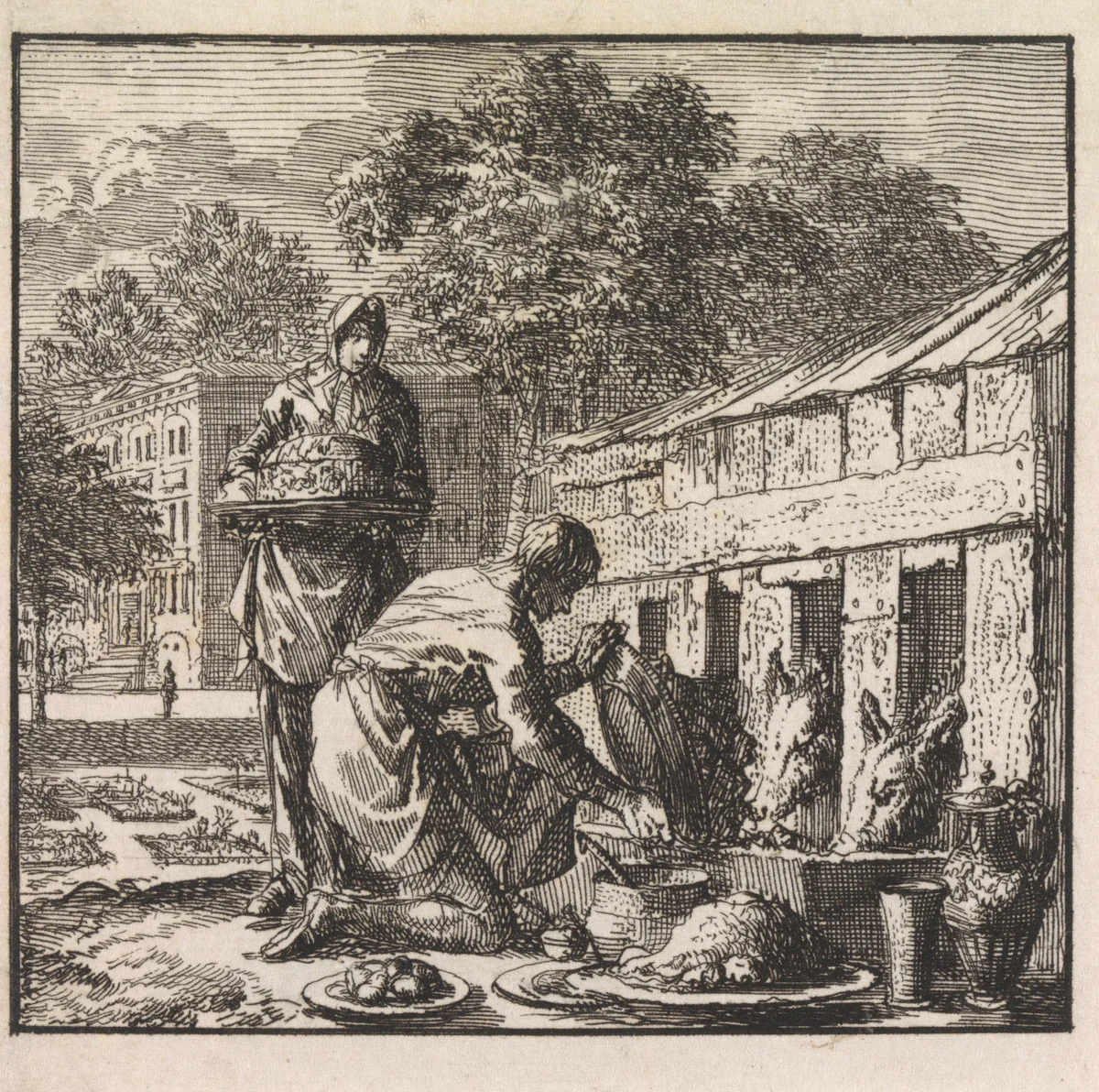 Varkens worden gevoed met kostbare spijzen by Jan Luyken, print, 1710