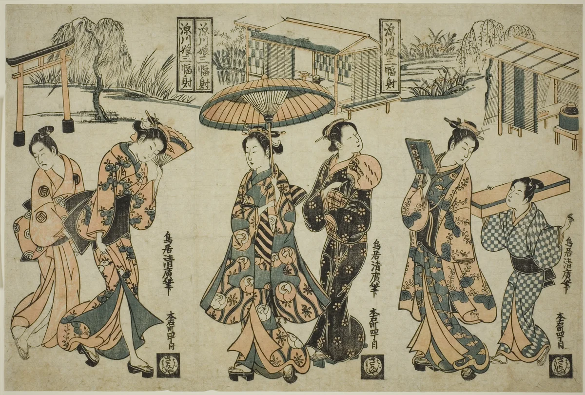 Girls of Fukagawa - A Triptych (Fukagawa musume sanpukutsui) by Torii Kiyohiro, print, 1750-1760