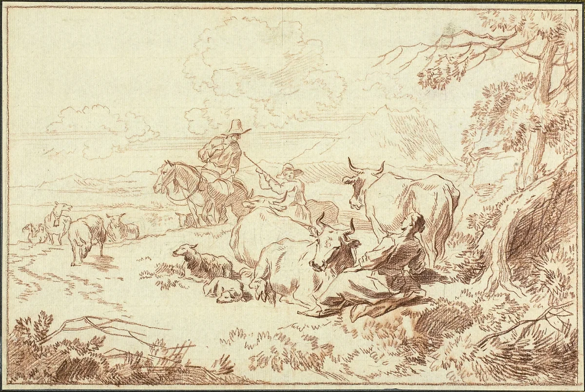 Cattle and Sheep with Shepherds and Shepherdess by Abraham Jansz Begeyn, drawing, 1657-1697