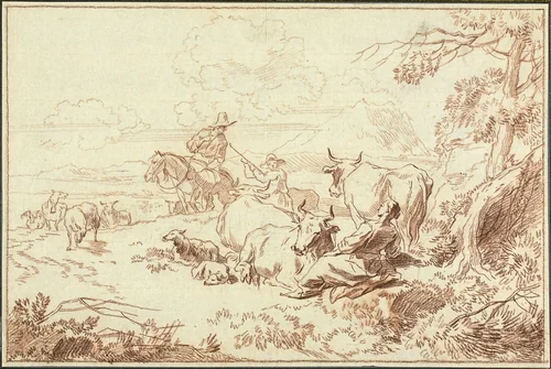 Cattle and Sheep with Shepherds and Shepherdess by Abraham Jansz Begeyn, drawing, 1657-1697