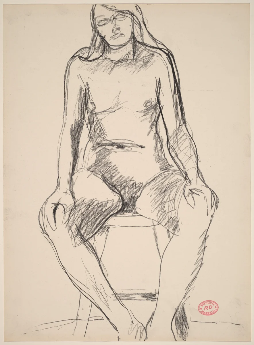 Untitled [female nude with long hair seated on a stool] by Richard Diebenkorn, drawing, 1955-1967