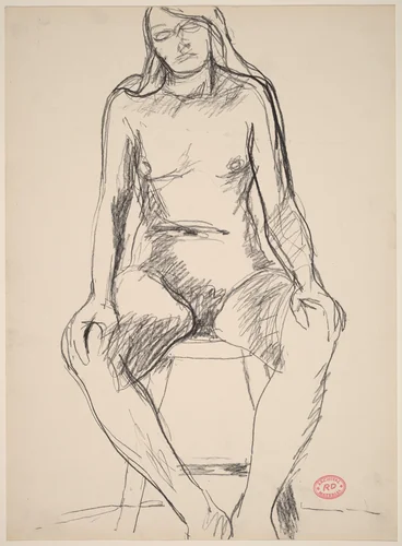 Untitled [female nude with long hair seated on a stool] by Richard Diebenkorn, drawing, 1955-1967