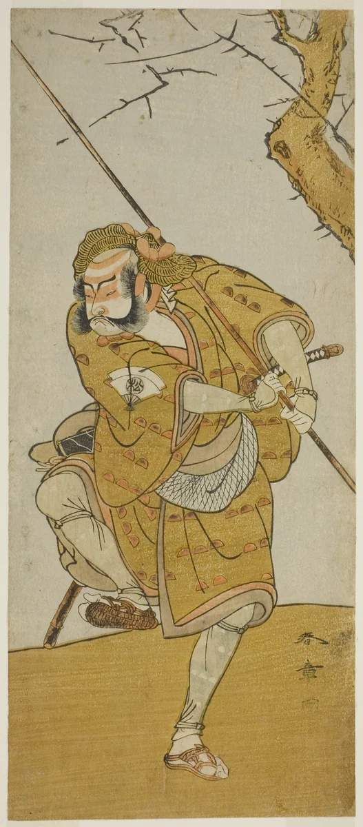 The Actor Onoe Matsusuke I as Kobayashi no Asahina Disguised as a Bird-Catcher in the Play Edo no Haru Meisho Soga, Performed at the Ichimura Theater in the Third Month, 1773 by Katsukawa Shunsho (勝川 春章), print, 1768-1778