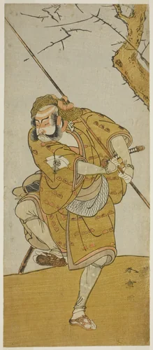 The Actor Onoe Matsusuke I as Kobayashi no Asahina Disguised as a Bird-Catcher in the Play Edo no Haru Meisho Soga, Performed at the Ichimura Theater in the Third Month, 1773 by Katsukawa Shunsho (勝川 春章), print, 1768-1778