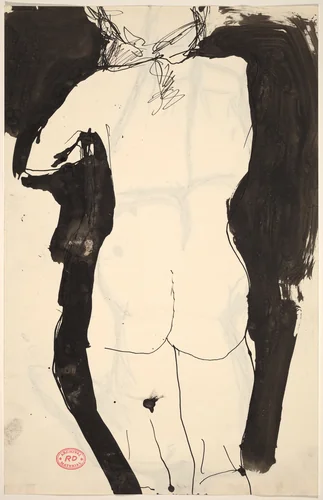 Untitled [back view of standing nude with her left arm raised] [recto] by Richard Diebenkorn, drawing, 1955-1967