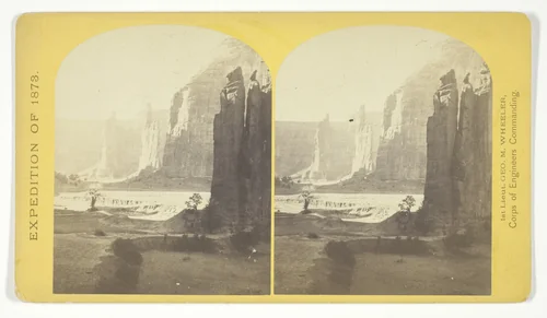 Central portion of Canñon de Chelle, New Mexico. This Canñon is one of the most remarkable in the west, and is noted for its beauty. The walls are of Red Sand-stone, nearly perpendicular, and at this point are 1.200 feet in height, No. 24 from the series "Geographical Explorations and Surveys West of the 100th Meridian" by Timothy O'Sullivan, photograph, 1873