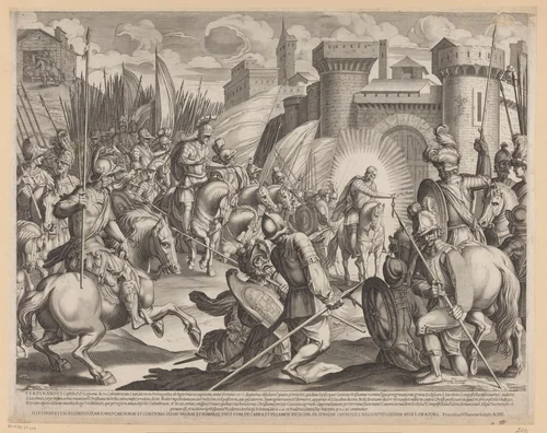 Verovering van Coimbra door Ferdinand I van León by Unknown, print, 1576-1624