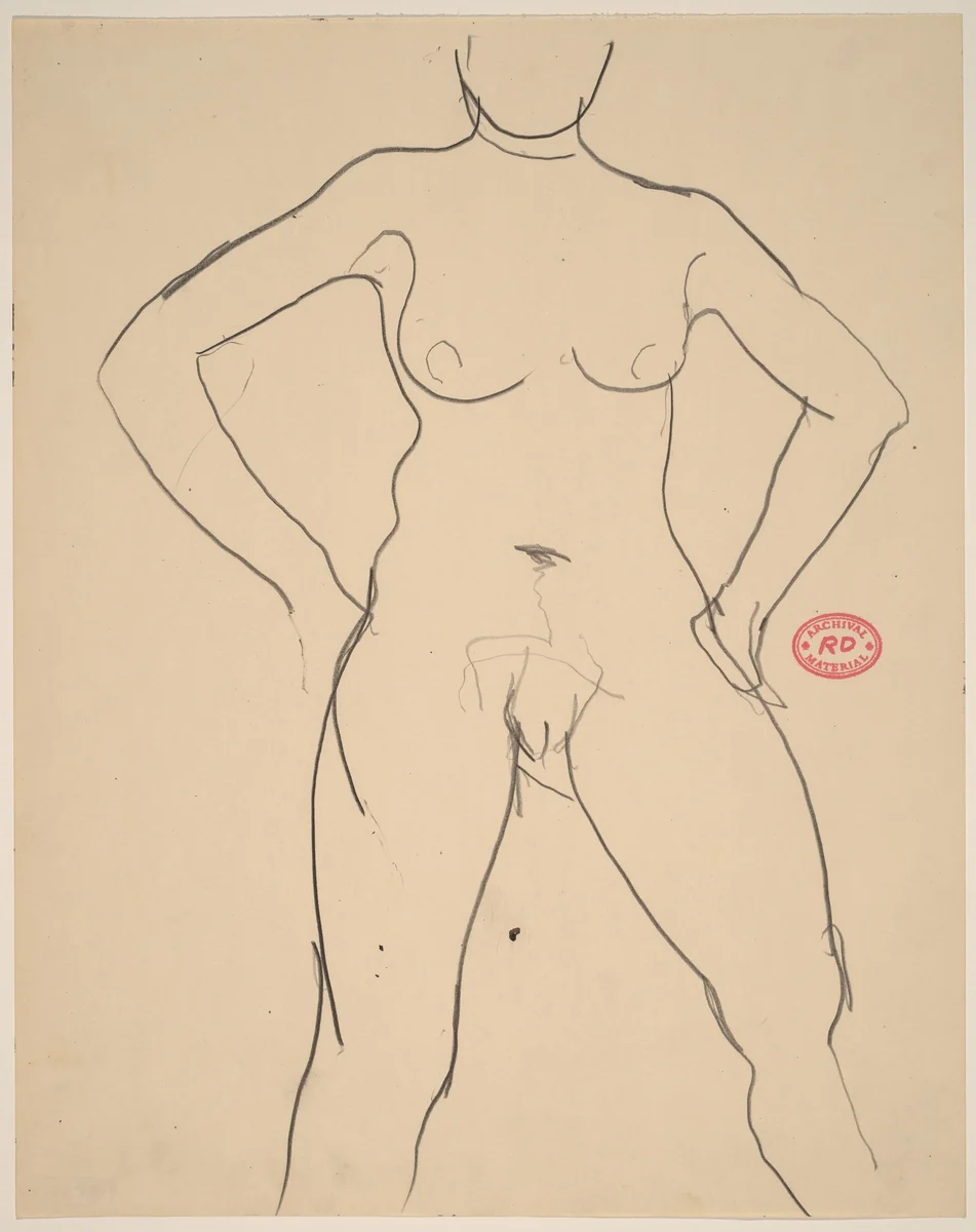 Untitled [front view of a female nude with arms akimbo] by Richard Diebenkorn, drawing, 1955-1967