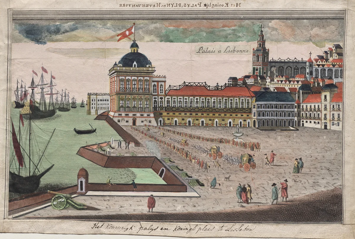 Vista y Prospettiva del Palacio del Rey de Portugal en Lisbona by George Balthazar Probst, print, 1761-1806