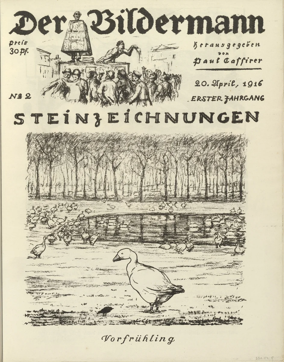 Early Spring (Vorfrühling) (front cover, folio 4) from the periodical Der Bildermann, vol. 1, no. 2 (Apr 1916) by August Gaul, periodical, 1916