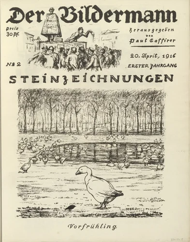 Early Spring (Vorfrühling) (front cover, folio 4) from the periodical Der Bildermann, vol. 1, no. 2 (Apr 1916) by August Gaul, periodical, 1916