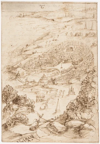 Recto: The Port City of Alexandria (? Allusion to Dinocrates's Building of Alexandria, Vitruvius, Book 2, introduction, no. 1); Verso: Fragmentary Writing ("Libro Primo..."). by Sangallo family, drawing, 1530-1545