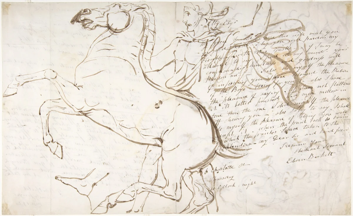 Rearing horse and trainer, drawn on a letter (recto); Studies of women and children (verso) by William Etty, drawing, 1810-1820