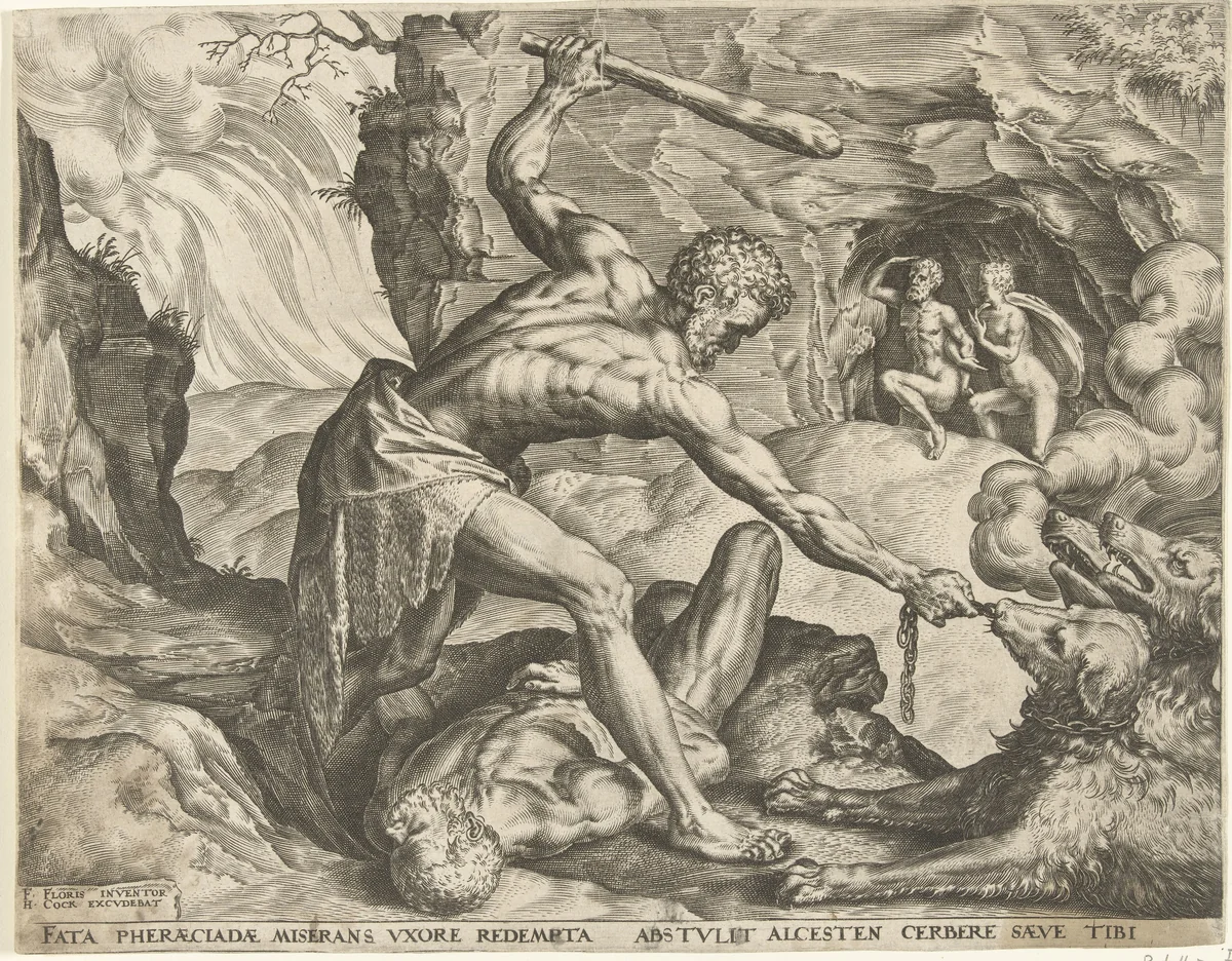 Hercules sleept Cerberus de hel uit by Cornelis Cort, print, 1563