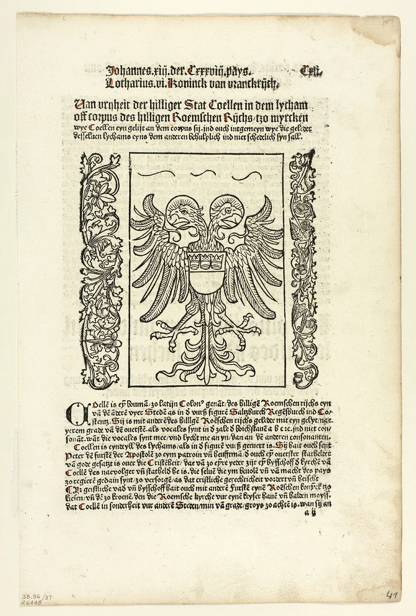 Holy Roman Empire Coat of Arms with Cologne Coat of Arms from Koelner Chronik (Cologne Chronicle), Plate 37 from Woodcuts from Books of the 15th Century by Johann Kœlhoff the Younger, print, 1499