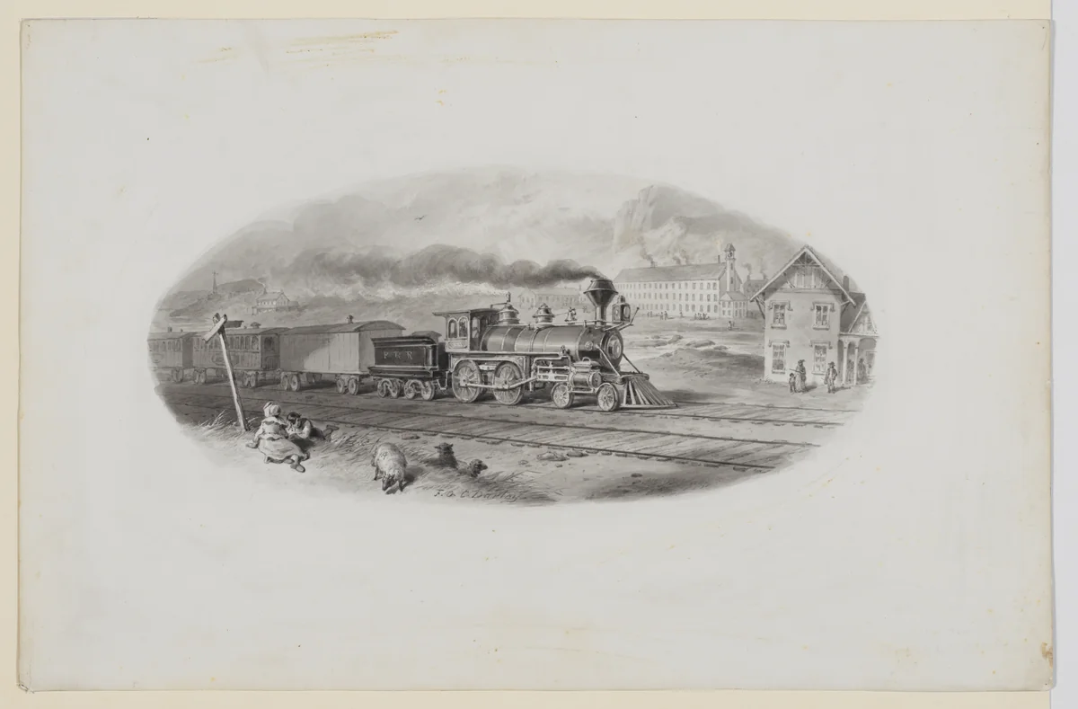 A train in a landscape by Felix Darley, drawing, 1845-1888