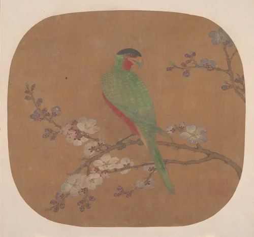 Parrot on Branch of Blossoming Tree by Unidentified Artist, painting, 1644-1911